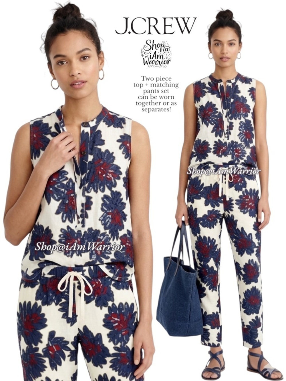 J.Crew 2 piece cotton voile sequin firework sleeveless top + pull on jogger